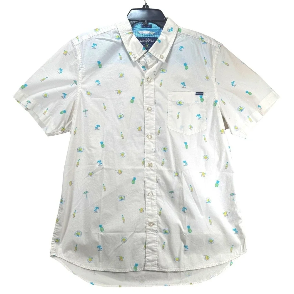 Chubbies Mens M White All Over TROPICAL PINEAPPLE BEER FRIDAY Button SS24CA0778A